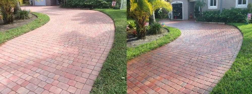 Curved brick driveway before and after cleaning, showcasing vibrant colors and texture.