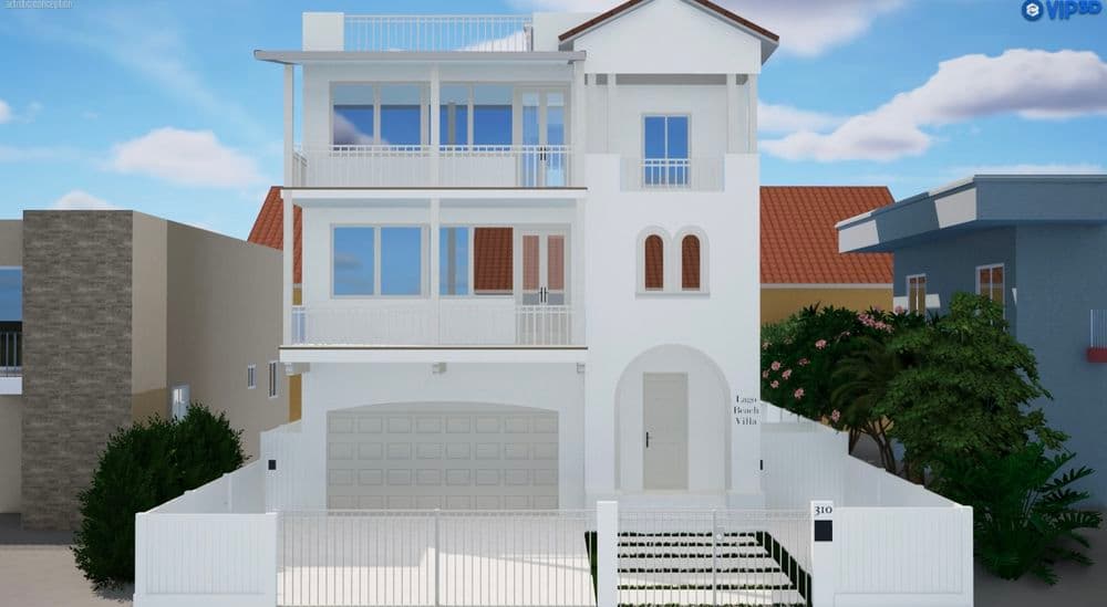 White modern villa with balconies, surrounded by greenery, in a sunny neighborhood.