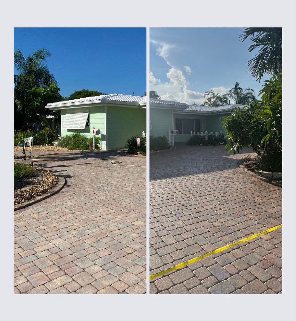 Before and after transformation of a driveway featuring new paver stones and landscaping.