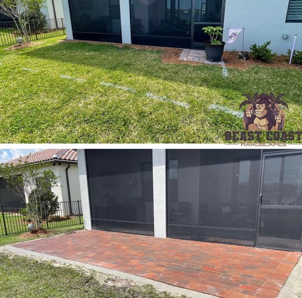 Before and after of a backyard transformation with grass and brick pavers.