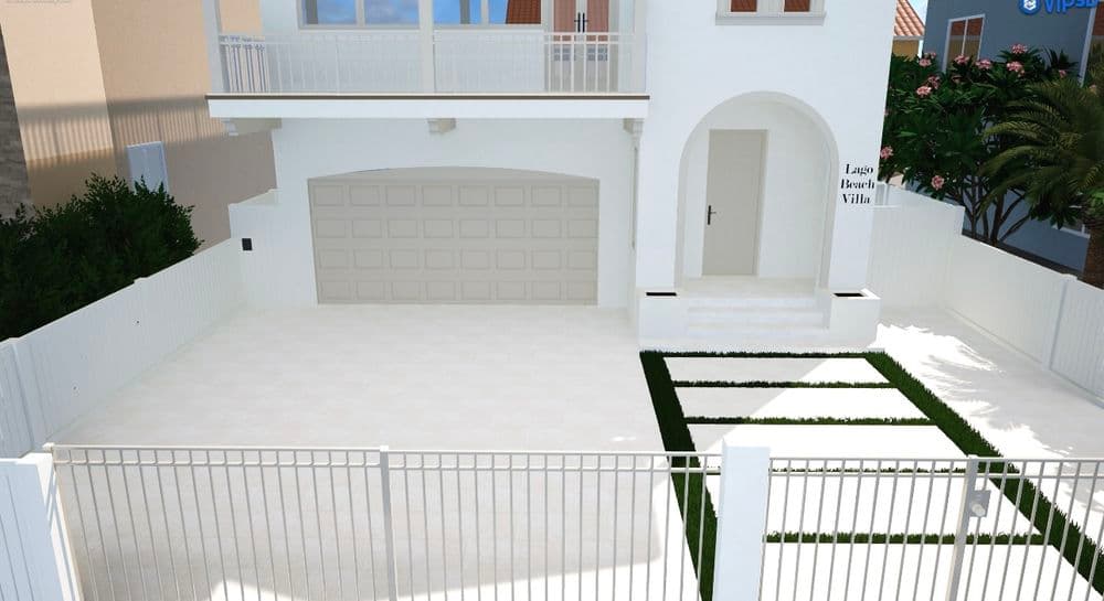 Modern luxury villa with a spacious garage, landscaped yard, and white exterior.