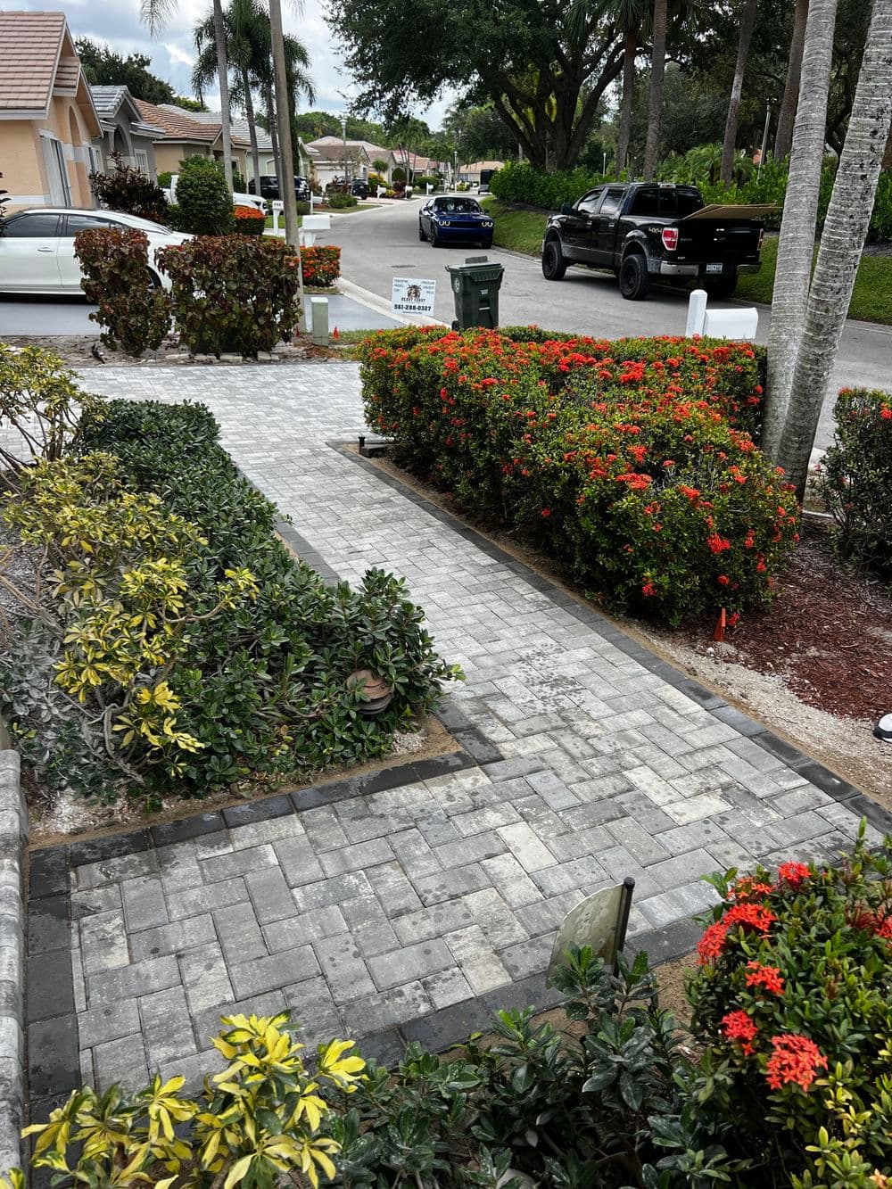 Paved walkway with colorful plants leading to a residential street in a suburban neighborhood.