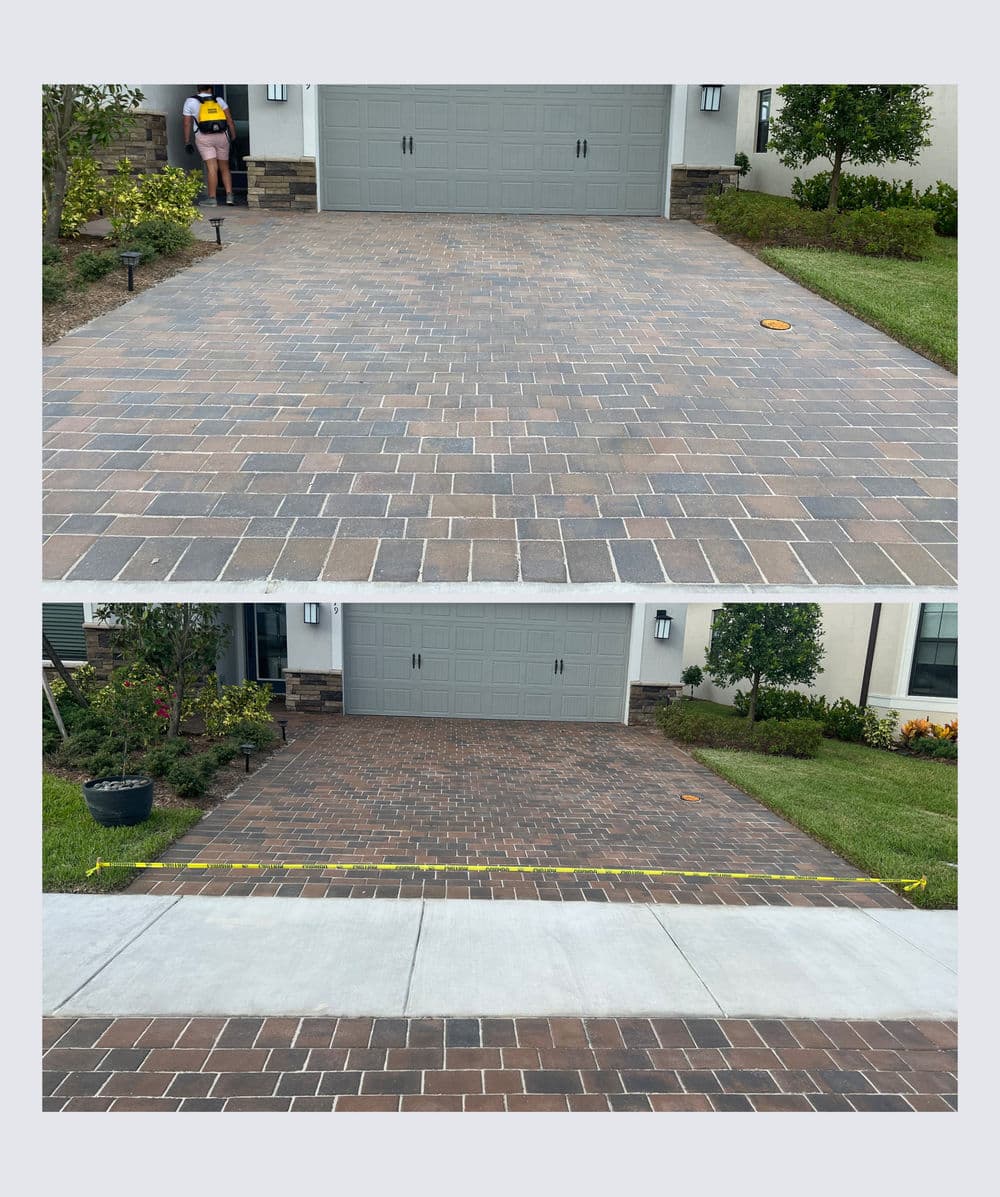 Before and after view of a brick driveway renovation with improved surface quality.