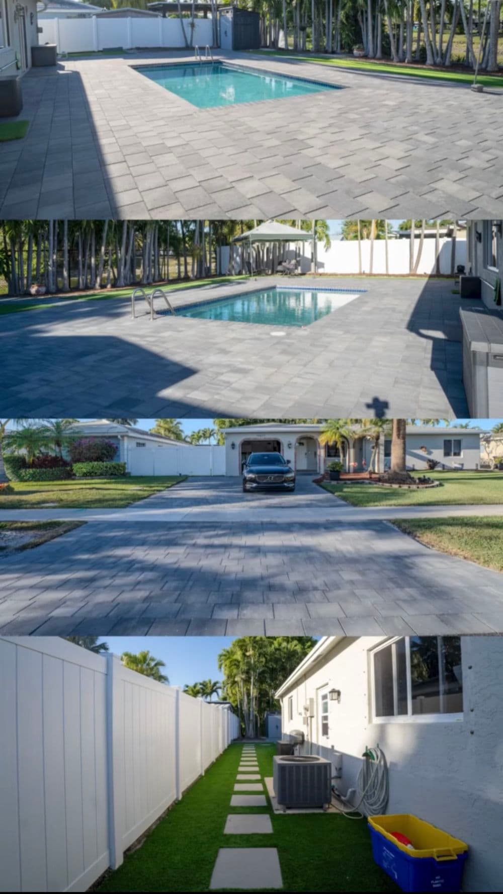 Modern outdoor space featuring a pool, paved patio, and landscaped yard with walkway.