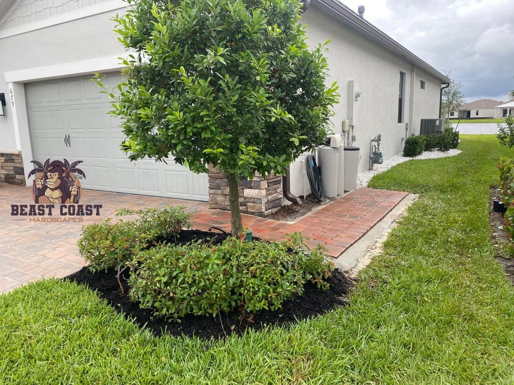 Landscaped yard with green shrubs, a tree, and a paved pathway next to a home. Beast Coast Hardscapes logo.
